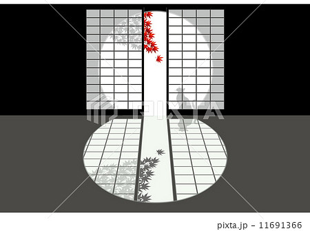 障子 楓と猫 日本の家のイラスト素材
