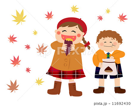 焼き芋を食べる少女とむき栗を頬張る少年 食欲の秋 秋の味覚のイラスト素材