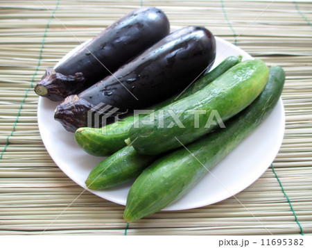 お盆　盆棚に敷く真菰(まこも)とお供え物の夏野菜　 11695382