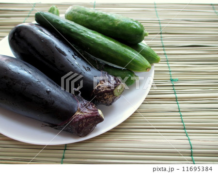 お盆　盆棚に敷く真菰(まこも)とお供え物の夏野菜　 11695384