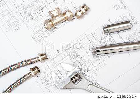 plumbing and drawings, construction still life plumbing and drawings, construction still life 11695517