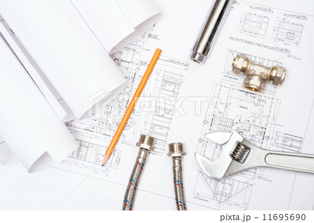 plumbing and drawings, construction still life 11695690