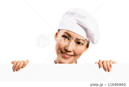 female chef holding a poster for text female chef holding a poster for text 11696860