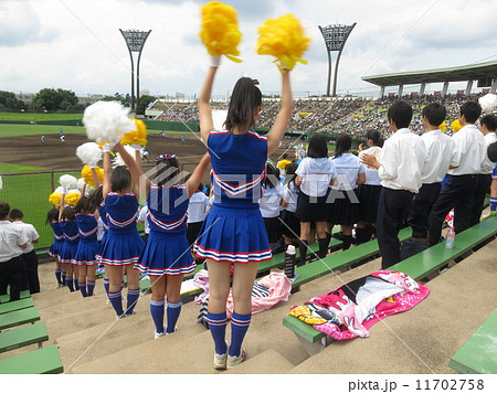 母校を応援するチアリーダーの写真素材