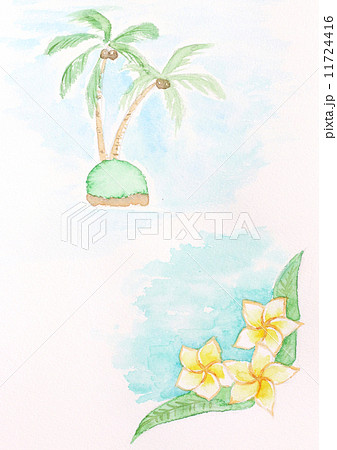 プルメリア 南国 南国イメージ 花 黄色 白色 かわいい 椰子の木 海 空 青空 緑の葉 島 のイラスト素材