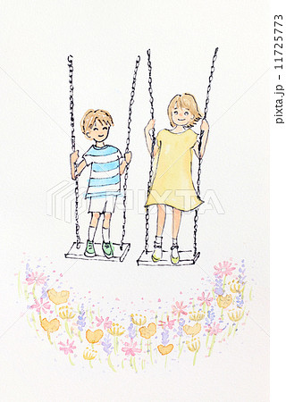 子供 兄弟 女の子 男の子 仲良し 花 友達 人物 遊ぶ ブランコ 笑顔 ワンピース 黄色 ス のイラスト素材