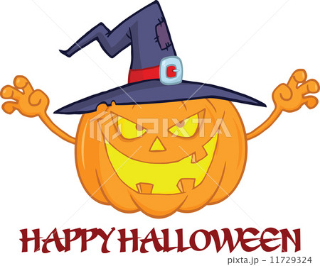 Scaring Halloween Pumpkin With A Witch Hat And Text 11729324