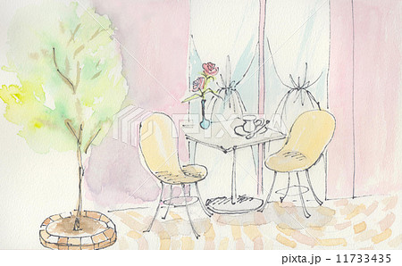 カフェ 椅子 ファニチャー 花 バラ テーブル イス 木 緑 テラス コーヒー カーテン 桃色 のイラスト素材