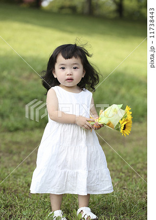 向日葵を持つ幼い女の子の写真素材