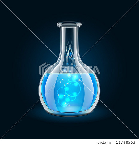 Transparent flask with magic blue liquid on black background. 11738553