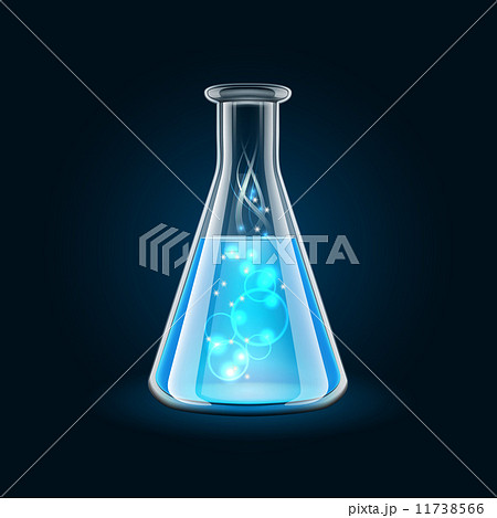 Transparent flask with magic blue liquid on black background. 11738566