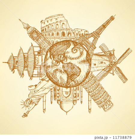 Sketch famous buildings around planet Earth 11738879