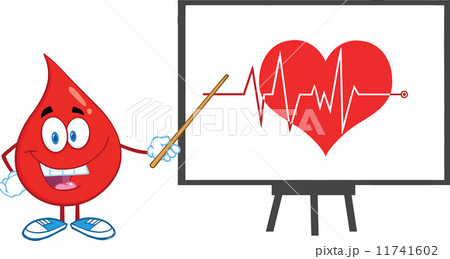 Red Blood Drop Character With Pointer Presenting Ecg Graph On Red Heart. Red Blood Drop Character With Pointer Presenting Ecg Graph On Red Heart. 11741602