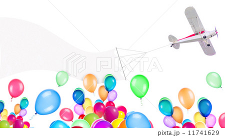 Single engine plane with banner and balloons 11741629