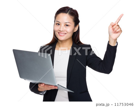 Business woman with laptop computer and finger point up Business woman with laptop computer and finger point up 11753046