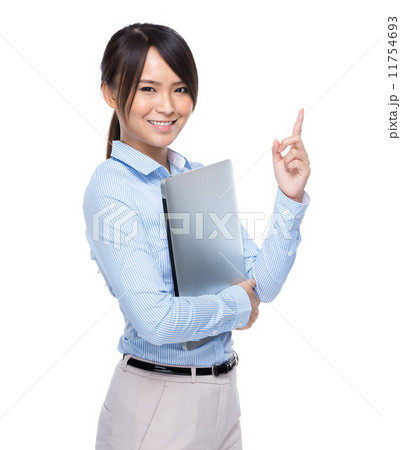 Businesswoman with notebook computer and finger up 11754693