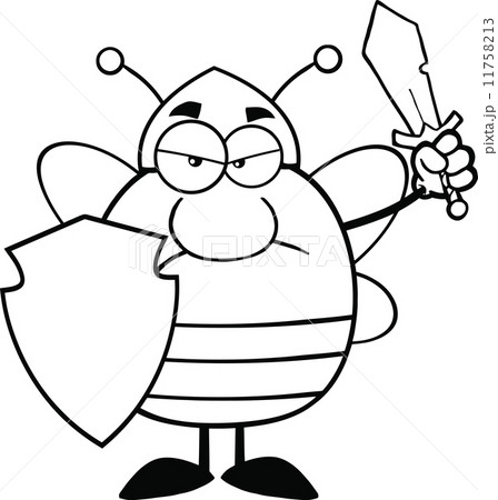 Black And White Angry Pudgy Bee Warrior With Shield And Sword 11758213