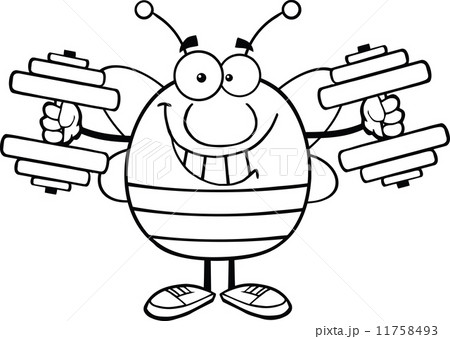 Black And White Pudgy Bee Cartoon Character Training With Dumbbells 11758493