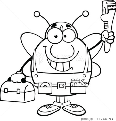 Black And White Pudgy Bee Plumber With Wrench And Tool Box Black And White Pudgy Bee Plumber With Wrench And Tool Box 11766193