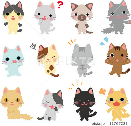 猫のキャラクターのポーズ集のイラスト素材