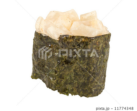 spice sushi hotate with sauced slices of scallop isolated on whi 11774348