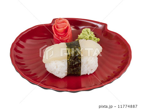 sushi hotate with slice of scallop isolated on white background sushi hotate with slice of scallop isolated on white background 11774887