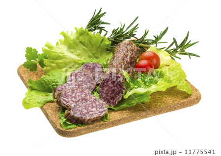 Salami with rosemary, salad and tomatoes Salami with rosemary, salad and tomatoes 11775541