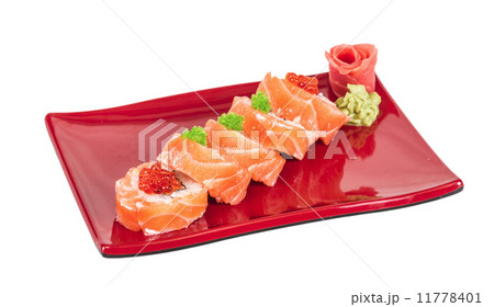 Japanese sushi traditional japanese food.Roll made of salmon, re Japanese sushi traditional japanese food.Roll made of salmon, re 11778401