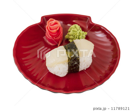 sushi hotate with slice of scallop isolated on white background sushi hotate with slice of scallop isolated on white background 11789121