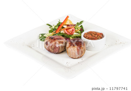 Grilled steak wrapped in bacon, with grilled vegetables, mashed 11797741