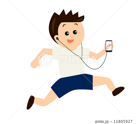 スマートホンで音楽を聴きながら走る少年のイラスト素材