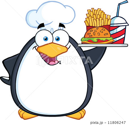 Chef Penguin Holding A Platter With French Fries And A Soda 11806247