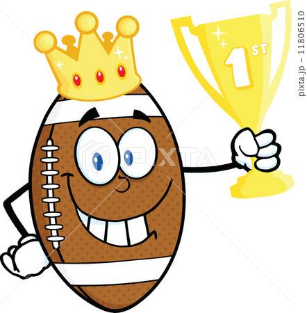 American Football Ball Character With Golden Crown Holding First Prize Trophy Cup 11806510