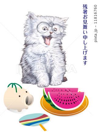 猫と夏の風物詩の残暑見舞い状のイラスト素材