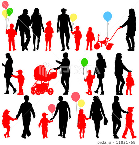 Black set of silhouettes of parents and children with balloons o 11821769