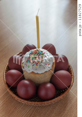 Russian Easter still life with cake, painted eggs and candle 11827529