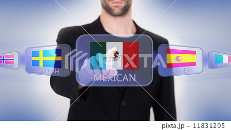 Hand pushing on a touch screen interface Hand pushing on a touch screen interface 11831205