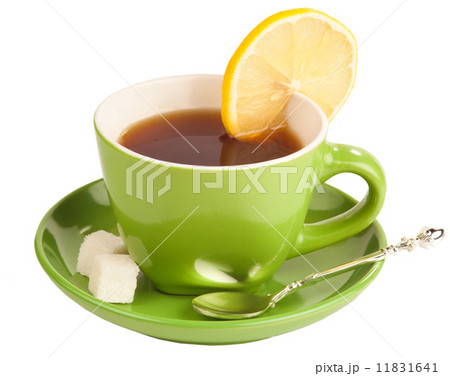 Green teacup with sugar and lemon. 11831641