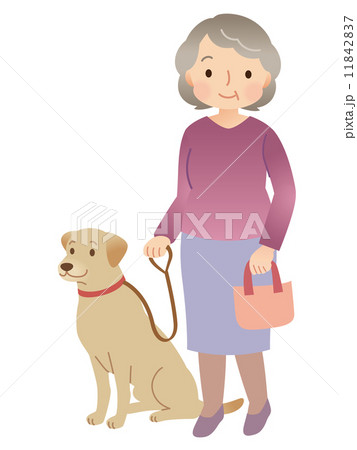 犬の散歩をする女性 高齢者のイラスト素材