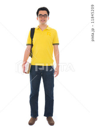 Full body Asian adult student in casual wear with school bag car 11845209