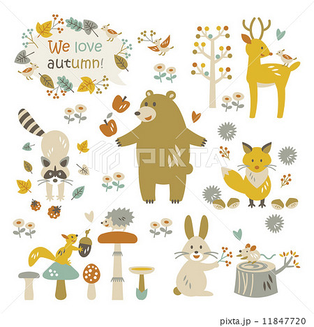 秋の森の動物たち素材のイラスト素材