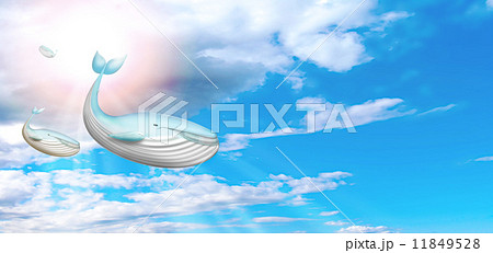 空を飛ぶクジラ 青空 雲 3頭 複数 逆光 イラスト Cgのイラスト素材