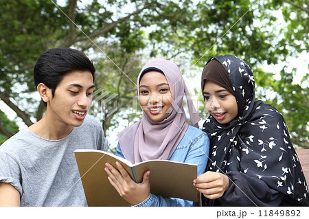公園でノートを見る３人のアジア人 11849892