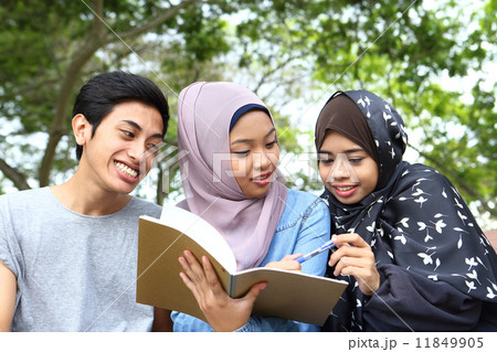 公園でノートを見る３人のアジア人 11849905