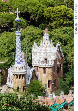 Barcelonas Park Guell entrance pavilions in sunny day. Spain. Barcelonas Park Guell entrance pavilions in sunny day. Spain. 11853258
