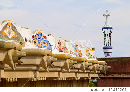 Barcelonas Park Guell serpentine bench mosaic back. Spain. 11853261