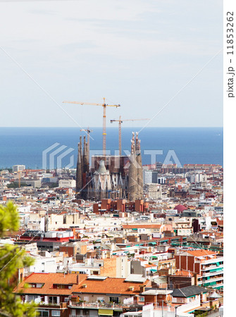 Barcelona city view with Sagrada Familia cathedral and Mediterr Barcelona city view with Sagrada Familia cathedral and Mediterr 11853262