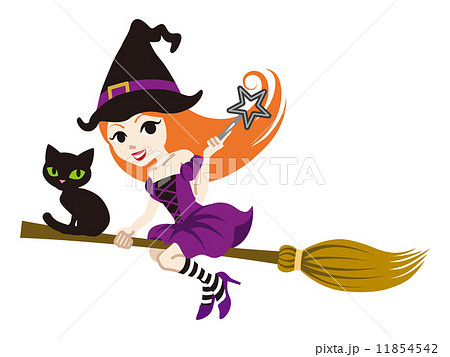 ハロウィン 空飛ぶ魔女と黒猫 白バックのイラスト素材 11854542 Pixta