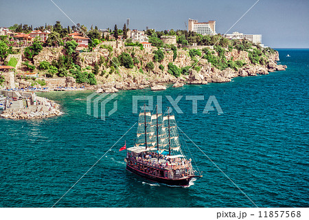 Cruise touristic ship  and view of Antalya city, Turkey 11857568