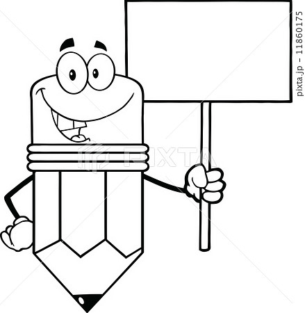 Outlined Pencil Cartoon Character Holding A Blank Sign 11860175